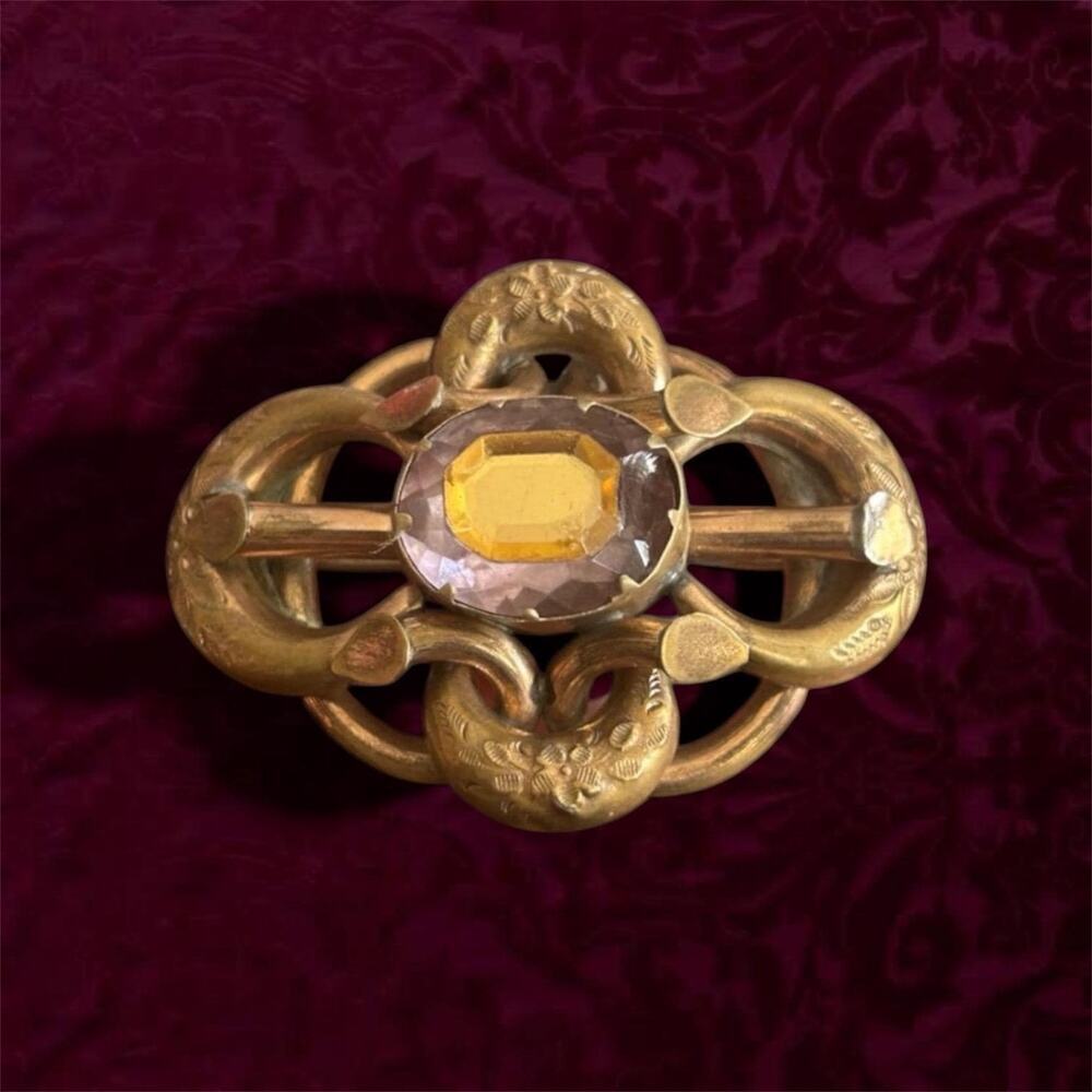 Victorian Lover's Knot Brooch, Faceted Paste Glass Center Gold Filled